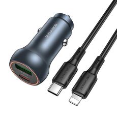 BOROFONE BZ32B Fresh 48W Dual Ports PD30W Set caricabatterie per auto USB Type-C e QC3.0 con cavo a 8 pin da 1 m (grigio metallizzato)