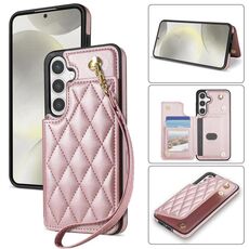 Per Samsung Galaxy S25+ 5G Rhombic Dual Buckle Card Slots Custodia per telefono con cordino (oro rosa)