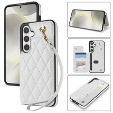 Per Samsung Galaxy S24 FE 5G Rhombic Dual Buckle Card Slots Custodia per telefono con cordino (bianco)