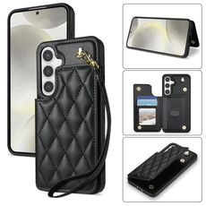 Per Samsung Galaxy S24 FE 5G Rhombic Dual Buckle Card Slots Custodia per telefono con cordino (nero)