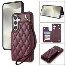 Per Samsung Galaxy S24 FE 5G Rhombic Dual Buckle Card Slots Custodia per telefono con cordino (rosso vino)