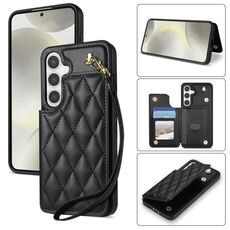 Per Samsung Galaxy S23 FE 5G Rhombic Dual Buckle Card Slots Custodia per telefono con cordino (nero)