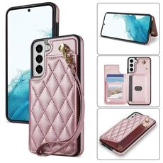 Per Samsung Galaxy S22+ 5G Rhombic Dual Buckle Card Slots Custodia per telefono con cordino (oro rosa)
