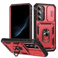 Per Samsung Galaxy S25+ 5G Custodia per telefono ibrida in TPU con supporto scorrevole Camshield con supporto (rosso+nero)
