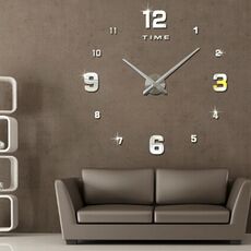 Camera da letto Decorazione della casa Numero a specchio Senza cornice Grande adesivo da parete 3D fai da te Orologio muto, Dimensioni: 100 * 100 cm (Argento)