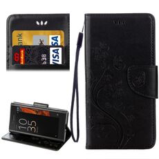 Per Sony Xperia XZ Butterflies Love Flowers Custodia in pelle con goffratura orizzontale con supporto e slot per schede, portafoglio e cordino (nero)