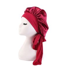 TJM-301-1 Cappello da notte elasticizzato regolabile a tesa larga in seta finta Nastro di raso Cappello rotondo Cuffia da doccia Cappello per la cura dei capelli, Misura: Formato libero(Vino rosso)