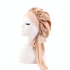 TJM-301-1 Cappello da notte elasticizzato regolabile a tesa larga in seta finta con nastro di raso, cappello rotondo, cuffia da doccia, cappello per la cura dei capelli, misura: formato libero (cachi)