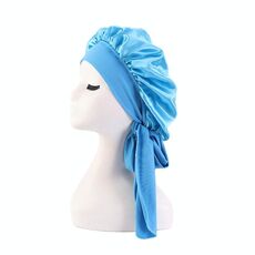 TCS TJM-301-1 Cappello da notte elasticizzato regolabile a tesa larga in seta sintetica Cappello rotondo con nastro in raso Cuffia da doccia Cappello per la cura dei capelli, Taglia: Formato libero(Azzurro cielo)