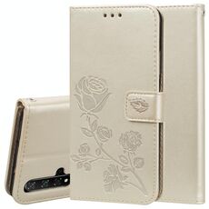 Custodia in pelle PU con flip orizzontale in rilievo rosa con supporto, slot per schede e portafoglio per Huawei Honor 20 (oro)