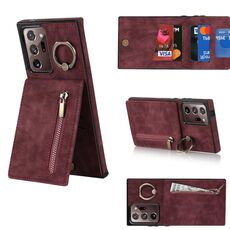 Per Samsung Galaxy Note20 Custodia per cellulare con anello ultra retrò e cerniera RFID (rosso vino)