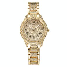 Orologio al quarzo con cinturino in acciaio letterale romano Full Diamond, colore: oro