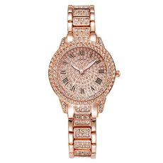 Orologio al quarzo con cinturino in acciaio letterale romano Full Diamond, colore: oro rosa