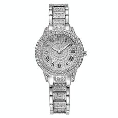 Orologio al quarzo con cinturino in acciaio letterale romano Full Diamond, colore: argento