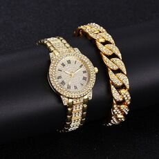 Orologio al quarzo con cinturino in acciaio letterale romano Full Diamond, colore: oro + bracciale