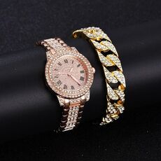 Orologio al quarzo con cinturino in acciaio letterale romano Full Diamond, colore: oro rosa + bracciale