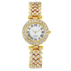 Orologio al quarzo da donna con diamanti modello romano, colore: oro