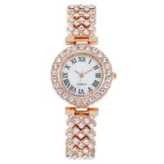 Orologio al quarzo da donna con diamanti modello romano, colore: oro rosa