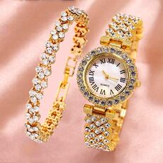 Orologio al quarzo da donna con diamanti modello romano, colore: oro + bracciale