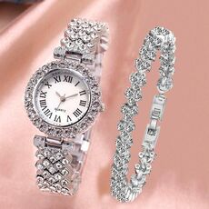 Orologio al quarzo da donna con diamanti modello romano, colore: argento + bracciale