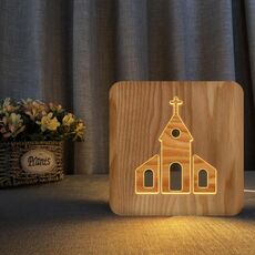 FS-T2242W Lampada da scrivania decorativa 3D intagliata in legno massello Luce notturna USB (bianco caldo)