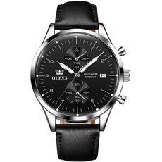 OLEVS 2880 Orologio al quarzo da uomo multifunzionale con cinturino in pelle impermeabile (nero + argento)