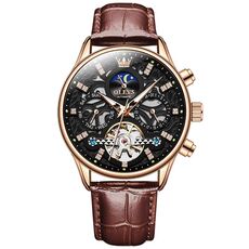OLEVS 6658 Orologio meccanico da uomo luminoso con cinturino in pelle impermeabile (nero + oro rosa)