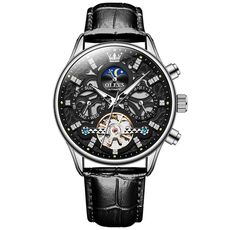 OLEVS 6658 Orologio meccanico da uomo luminoso con cinturino in pelle impermeabile (nero)