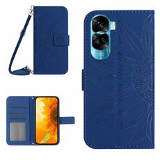 For Honor 90 Lite Skin Feel Custodia per telefono in pelle con motivo a fiore di sole con cordino (blu scuro)