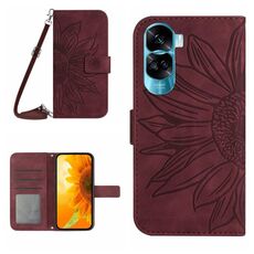 For Honor 90 Lite Skin Feel Custodia per telefono in pelle con motivo a fiori di sole con cordino (rosso vino)