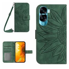 For Honor 90 Lite Skin Feel Custodia per telefono in pelle con motivo a fiore di sole con cordino (verde)