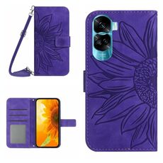 For Honor 90 Lite Skin Feel Custodia in pelle con motivo a fiori di sole con cordino (viola scuro)