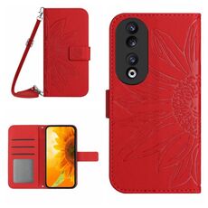 For Honor 90 Skin Feel Custodia per telefono in pelle con motivo a fiore di sole con cordino (rosso)