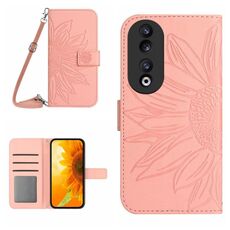 For Honor 90 Skin Feel Custodia per telefono in pelle con motivo a fiori di sole con cordino (rosa)