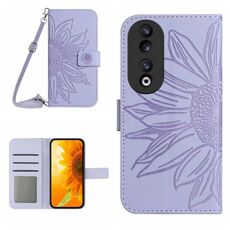 For Honor 90 Skin Feel Custodia per telefono in pelle con motivo a fiori di sole con cordino (viola)