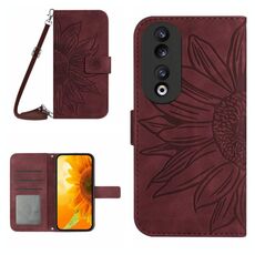 For Honor 90 Skin Feel Custodia per telefono in pelle con motivo a fiori di sole con cordino (rosso vino)