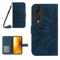 For Honor 90 Skin Feel Custodia per telefono in pelle con motivo a fiori di sole con cordino (blu inchiostro)