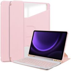 Per Samsung Galaxy Tab S9 FE Custodia in pelle trasparente con rotazione a 360° e tastiera (rosa)