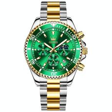 OLEVS 2870 Cronografo multifunzionale da uomo Orologio al quarzo impermeabile a tre occhi (verde + oro)
