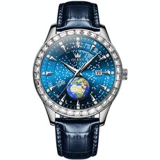 OLEVS 9967 Orologio da uomo al quarzo con lunetta con diamanti e cielo stellato (cinturino in pelle blu)