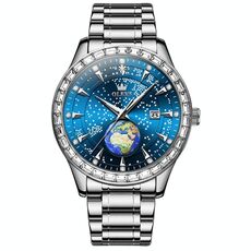 OLEVS 9967 Orologio da uomo al quarzo con lunetta con diamanti e cielo stellato (cinturino in acciaio blu)