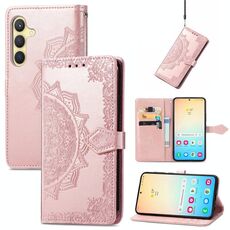 Custodia per telefono in pelle con motivo floreale mandala per Samsung Galaxy S24 5G (oro rosa)
