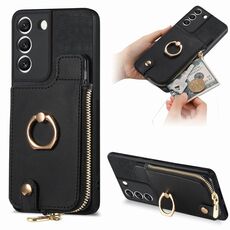 Custodia per telefono posteriore con cerniera verticale con anello in pelle incrociata per Samsung Galaxy S22+ 5G (nero)