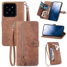 Custodia per telefono in pelle con cerniera fiore goffrato per Xiaomi 14 Pro (marrone)