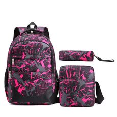 Set di zaini per studenti in tre pezzi Zaino da viaggio per esterni casual di grande capacità (mimetico rosa)