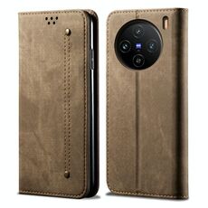 Custodia per cellulare in pelle flip con texture denim per vivo X100 (cachi)