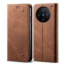 Custodia per cellulare in pelle flip con texture denim per vivo X100 (marrone)