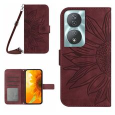 Custodia per cellulare in pelle con motivo Sun Flower per Honor 90 Smart Skin Feel con cordino (rosso vino)