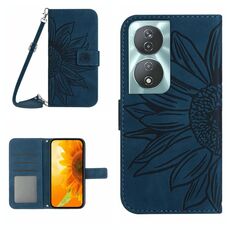 Per Honor 90 Smart Skin Feel Custodia per telefono in pelle con motivo fiore del sole con cordino (blu inchiostro)
