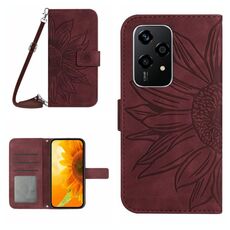 Custodia per telefono in pelle con motivo Sun Flower per Honor 200 Lite Skin Feel con cordino (rosso vino)